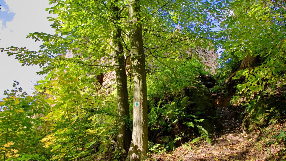 K Chudému hrádku vede odbočka ze zelené turistické trasy