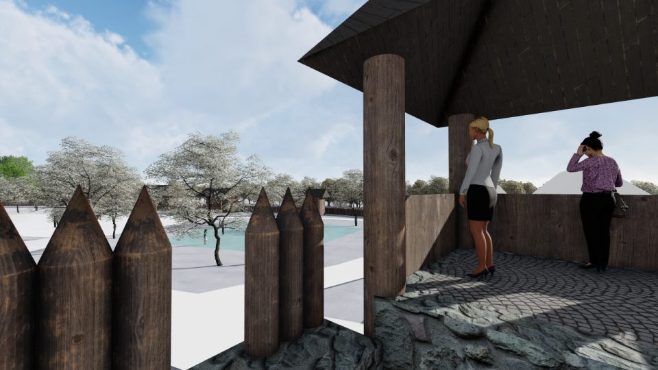 Vizualizace nové věže s obranným valem v archeoskanzenu v Modré