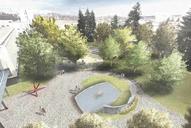 Vizualizace návrhu parku za divadlem ve Zlíně. Nebyla zatím realizována,  ale počítá se stávající mozaikovou fontánou. | foto: město Zlín