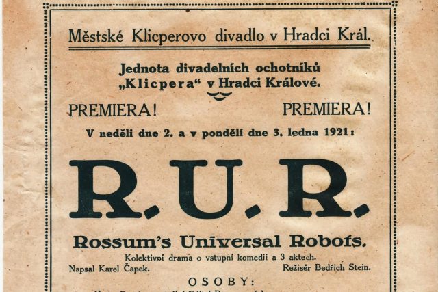 Plakát k uvedení hry Karla Čapka RUR v roce 1921 v Hradci Králové | foto: Klicperovo divadlo Hradec Králové