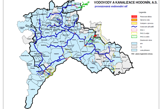 Mapa zásobování vody s místem plánované těžby | foto: Vodovody a kanalizace Hodonín