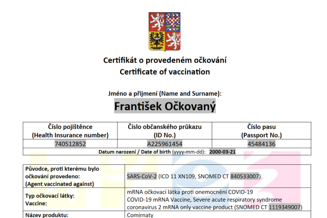 Vzorový certifikát o provedeném očkování proti covid-19. | foto: Jan Cibulka,  Ministerstvo zdravotnictví